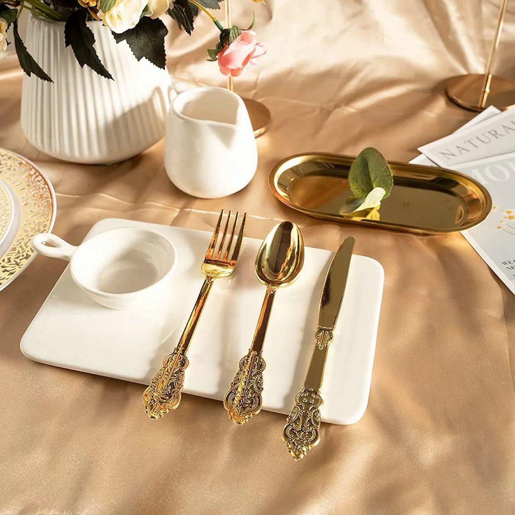 Gold Plastic Silverware Heavy Duty Elegant Disposable Utensils Gold Plastic Cutlery Set Forks Spoons for Dinner Parties Weddings
