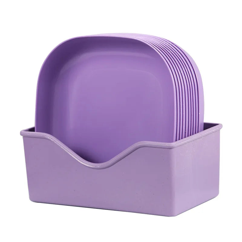 10 Square Dinner Plates with 1 Holder Food Plate Set Snacks Dessert Plastic Candy Cookie Storage Tray Straw Bone Spitting Plate