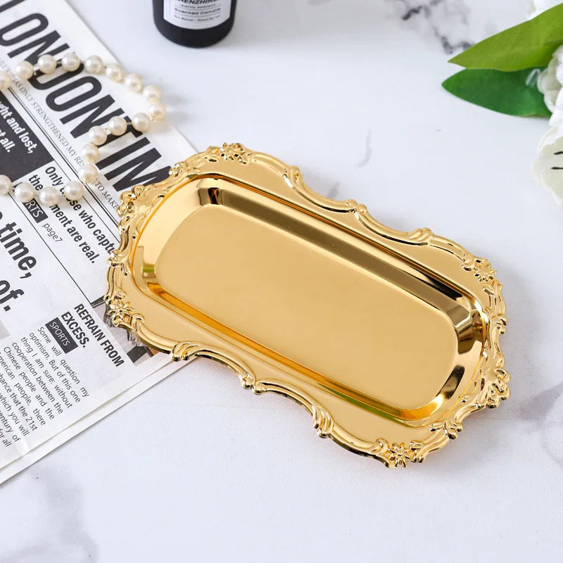 Vintage Embossed Metal Iron Tray Serving Platter Dessert Plate Jewelry Storage Organizer Snack Tray for Dining Table Decor