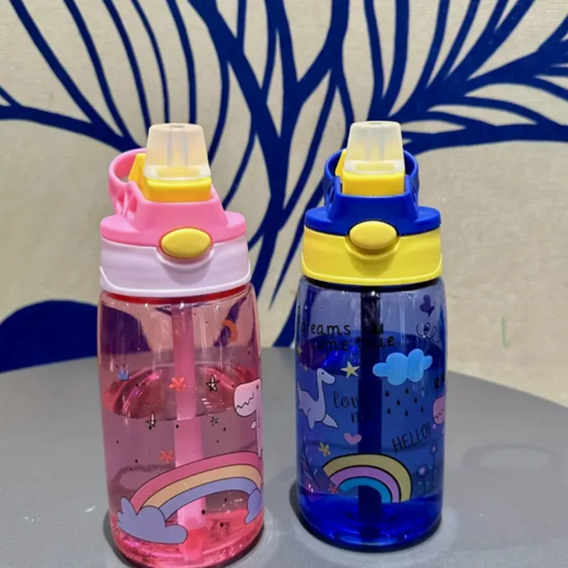 480ML Cute Water Bottle Durable 500ml Portable Water Bottle with Straw and Handle BPA-Free PC Material, Leak-Proof Sealable Lid