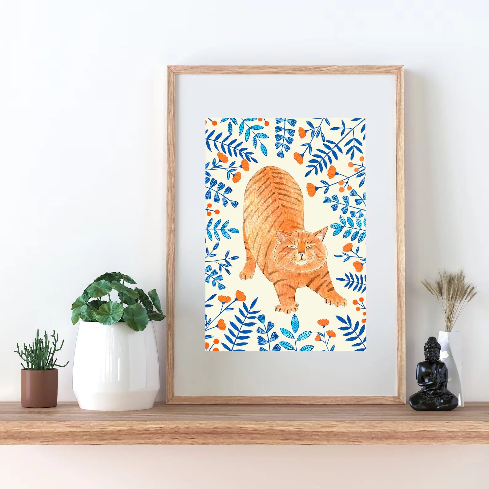 Ginger cat wall art, Floral art print, Orange cat painting, Kitten illustration, Animal artwork, Nursery prints, Flowers wall de