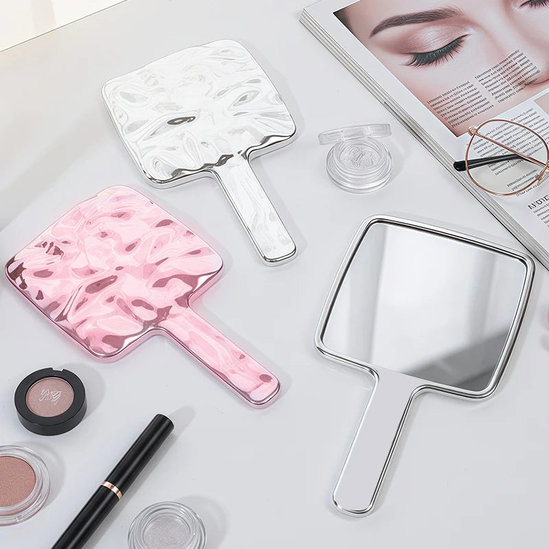 Vintage Vanity Mirror with Handle, Silver Travel Makeup Hand Mirror for Women, Hand Held Aesthetic Water Ripple Frame Decorative