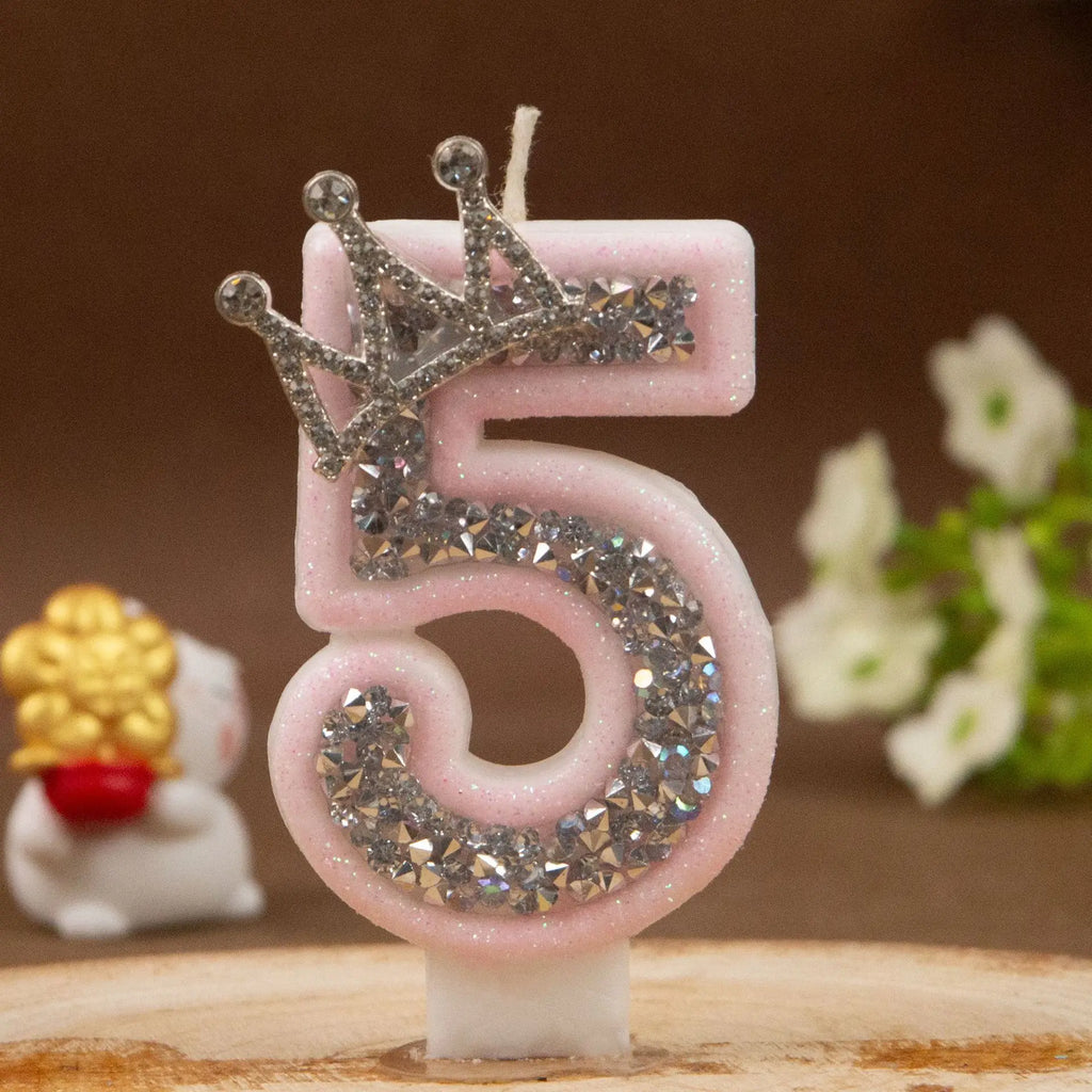 Digital Candles 0-9 Pink Silver Rhinestone Crown Creative Cake Decorative Birthday Candles
