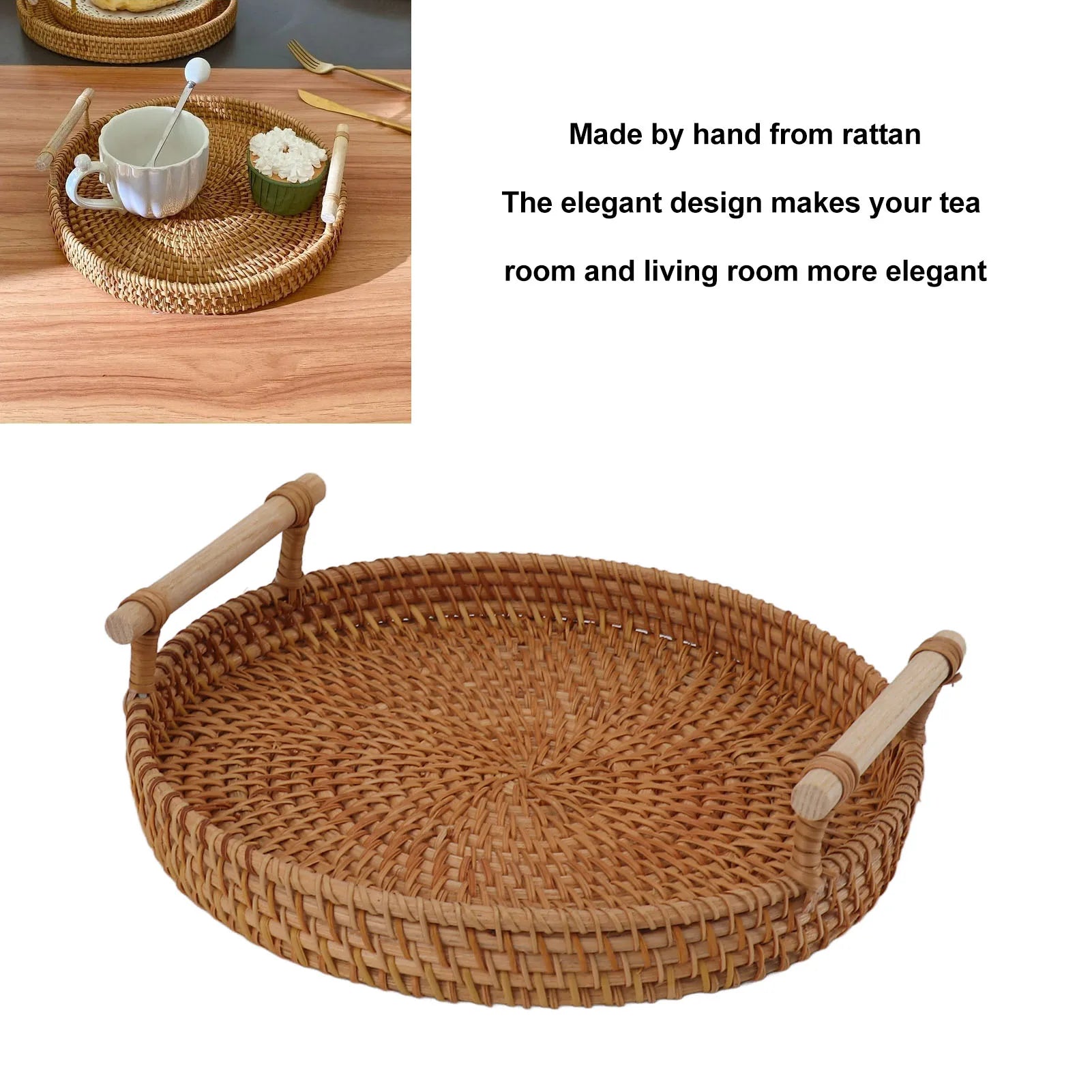 Coffee Table Decorative Tray Traditional Design Round Serving Tray with Solid Wood Handle Hand Woven Large Capacity for Home