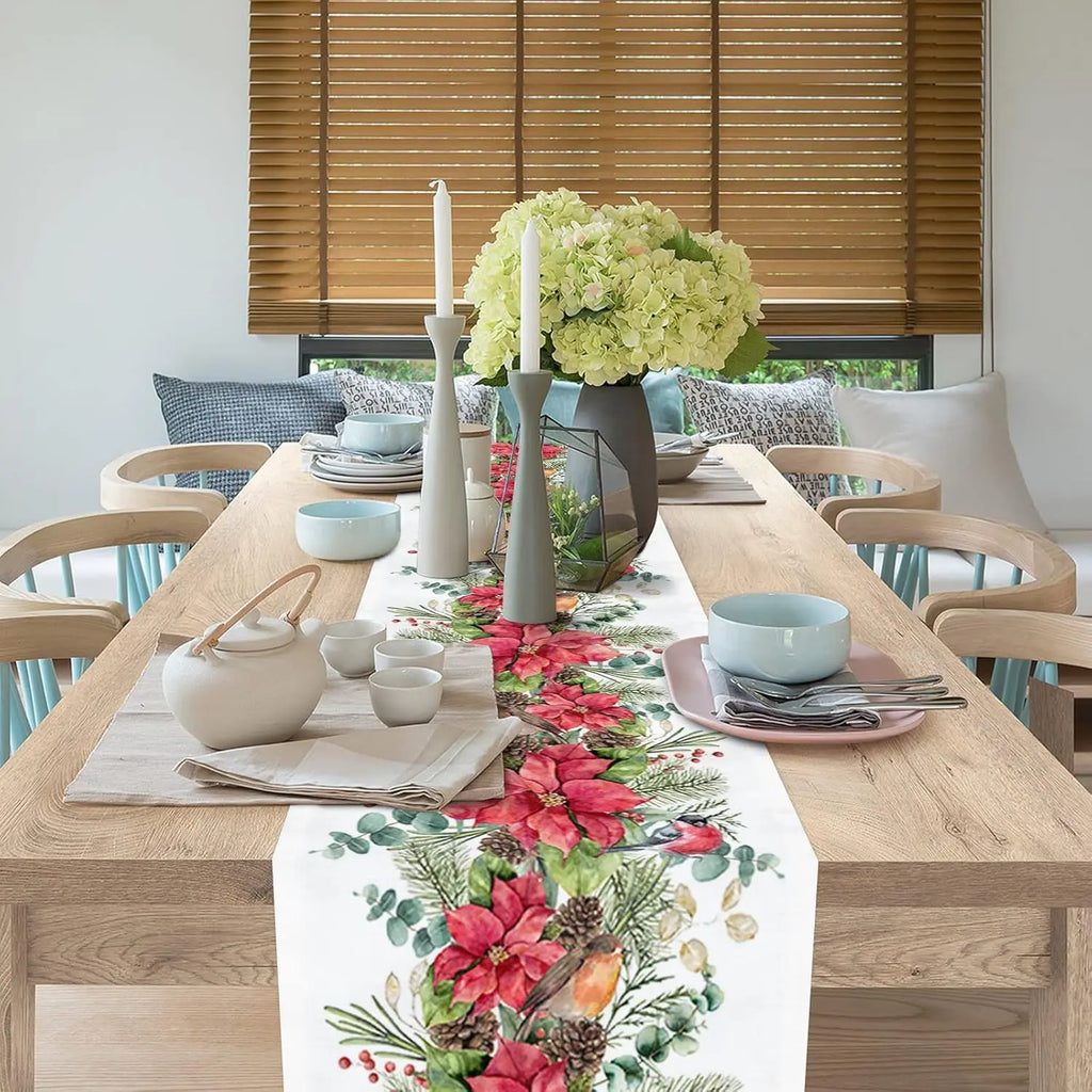 Christmas Red Flower Berry Winter Plants Linen Table Runners Wedding Decoration Washable Kitchen Dining Table Runners Decoration