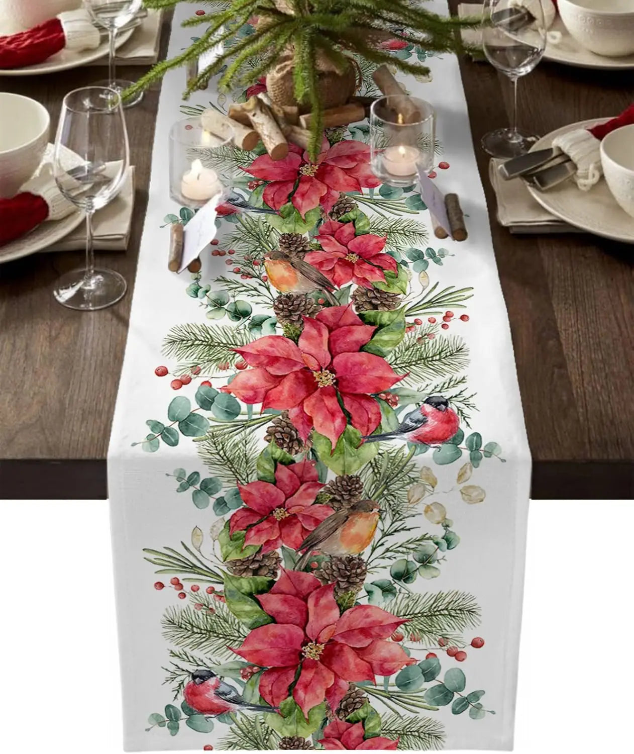 Christmas Red Flower Berry Winter Plants Linen Table Runners Wedding Decoration Washable Kitchen Dining Table Runners Decoration