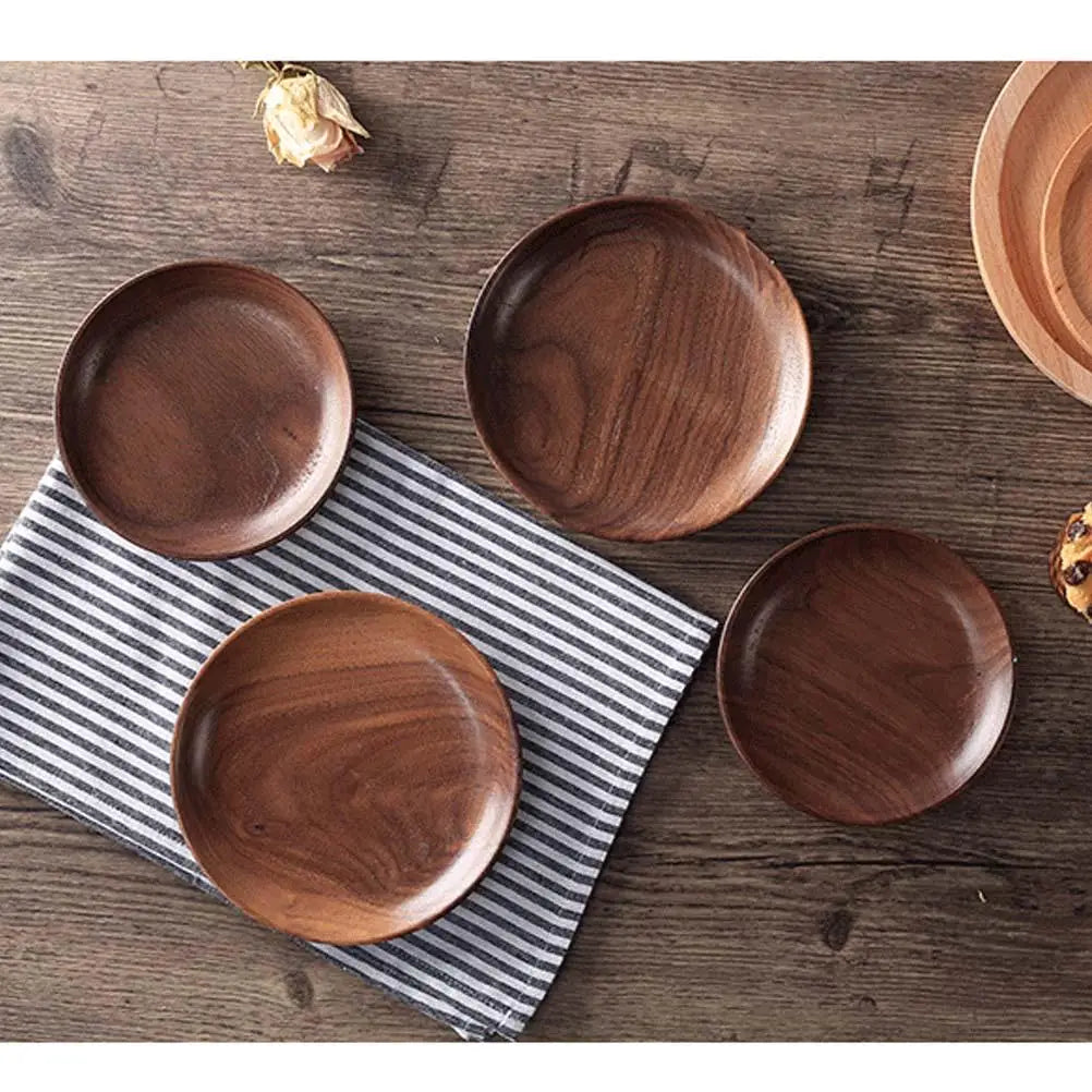 1 pc Round Wood Serving Plate Japanese Style Eco Friendly Black Walnut Dinnerware Tray For Appetizers Decorative Plates