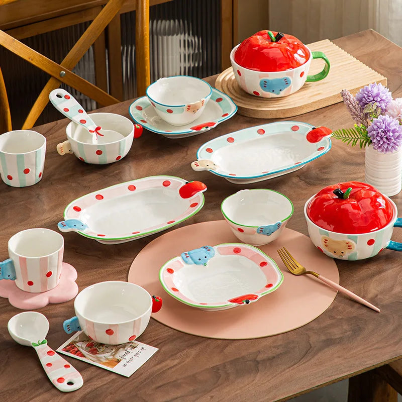 ‌Cute Apple Elephant Ramen Bowl-Microwave Safe Ceramic Tableware Set Cartoon Rice Noodle Dish Gift for New Home Pink Kitchenware
