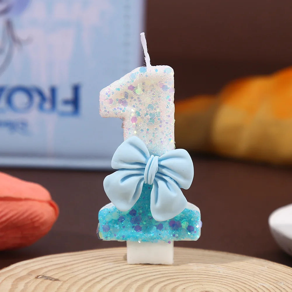 Blue and White Color Block Sequin Bow Digital Candle Birthday Party Cake Candle Creative Super Shiny Candle