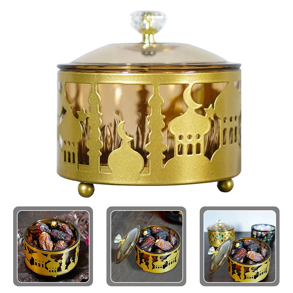 Golden Metal Snack Tray Dessert Serving Plate Ramadan Candy Tray Eid Food Container Dry Fruit Holder Kitchen Dining Bar Home