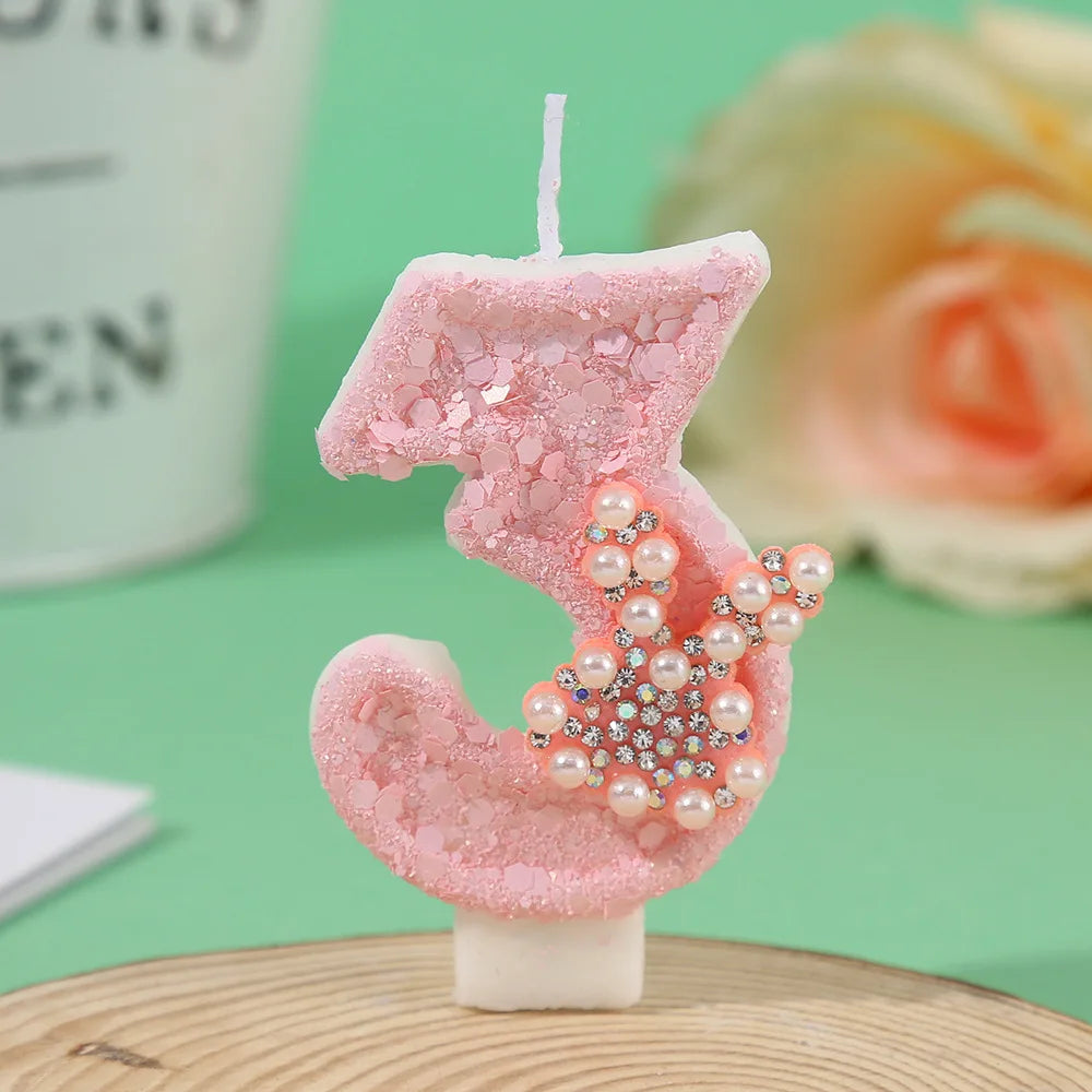 Pearl Hot Diamond Rabbit Ear Cake Candle Creative Handmade DIY Pink Girl Heart Digital Candle Party Wedding Atmosphere Decor