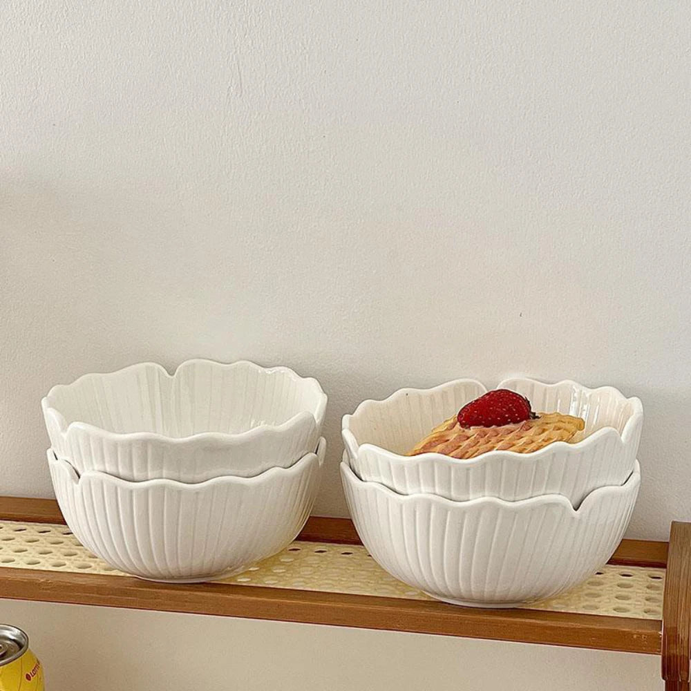 Creative Ceramic Bowl Japanese Solid Color Irregular Floral Shape Porcelain Tableware Breakfast Milk Oats Yogurt Salad Bowls