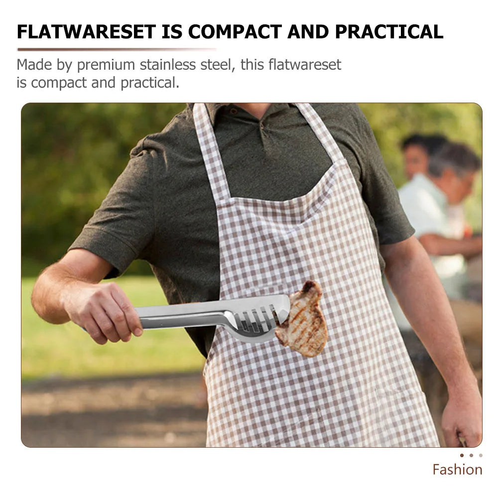 1 set 1 Set Stainless Steel Flatware Set Compact Food Tong Spoon Fork For Outdoor Bbq Restaurant Home Hotel Buffet Party Kitchen