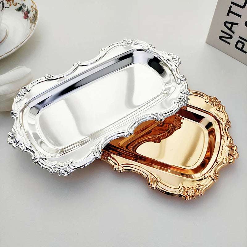 Vintage Embossed Metal Iron Tray Serving Platter Dessert Plate Jewelry Storage Organizer Snack Tray for Dining Table Decor