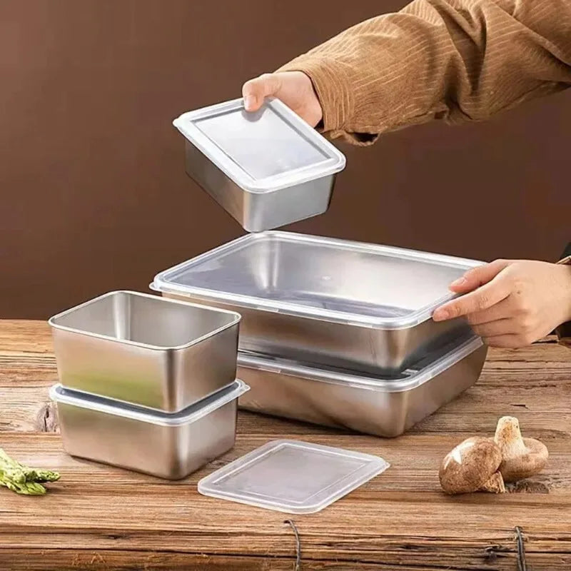 Thickened Square Plate Stainless Steel Rectangular Food Storage Pan With Lid Commercial Dish Tray Freshing Lunch Box Container