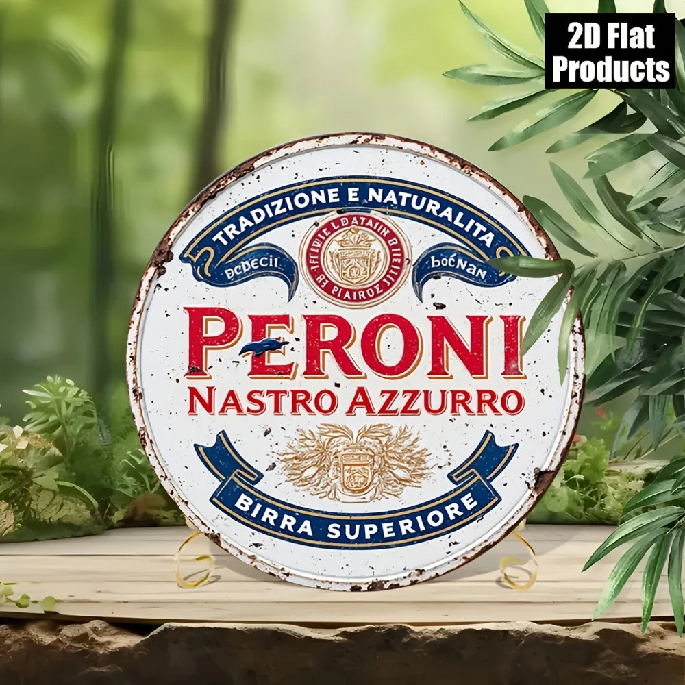 2D Flat, 8x8-Inch Round Aluminum Metal Wall Plaque, Framed - Modern Rustic Style "From Italy to the World" Beer Legend Retro Des