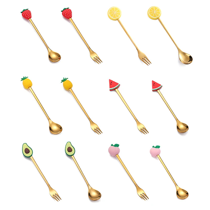 Cartoon Small Spoon Stainless Steel Fork Cartoon Macaron Dessert Spoons Fruit Kids Set Kitchen Accessories