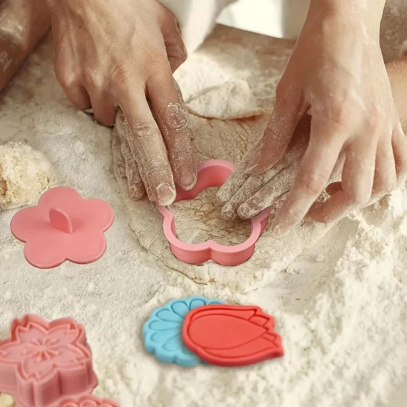 Flower Cookie Cutters Set Cutter Mold Plastic Pink Cookie Cutters For Home Kitchen Sunflower Rose Fondant Biscuit Baking Tool