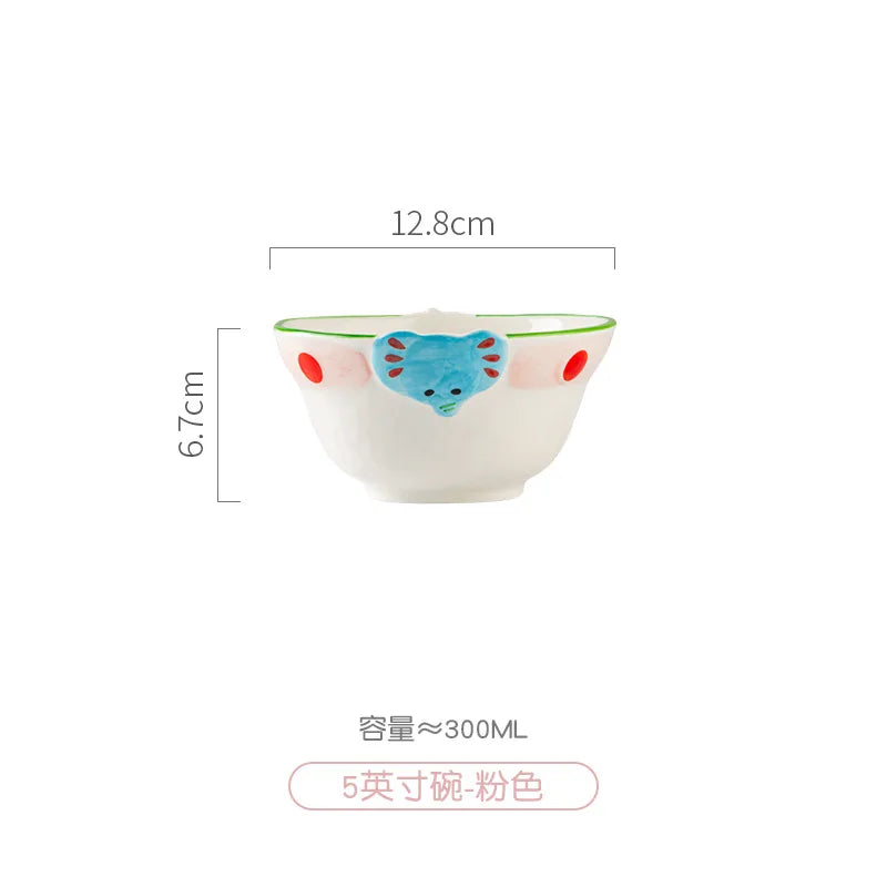 ‌Cute Apple Elephant Ramen Bowl-Microwave Safe Ceramic Tableware Set Cartoon Rice Noodle Dish Gift for New Home Pink Kitchenware