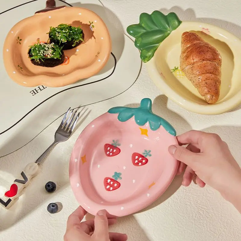 Cute Ceramic Fruit Dessert Plate, Cake  Ceramic Bowl , Snack Dim Sum Plate, Dinner Plate, Cartoon Strawberry Plate