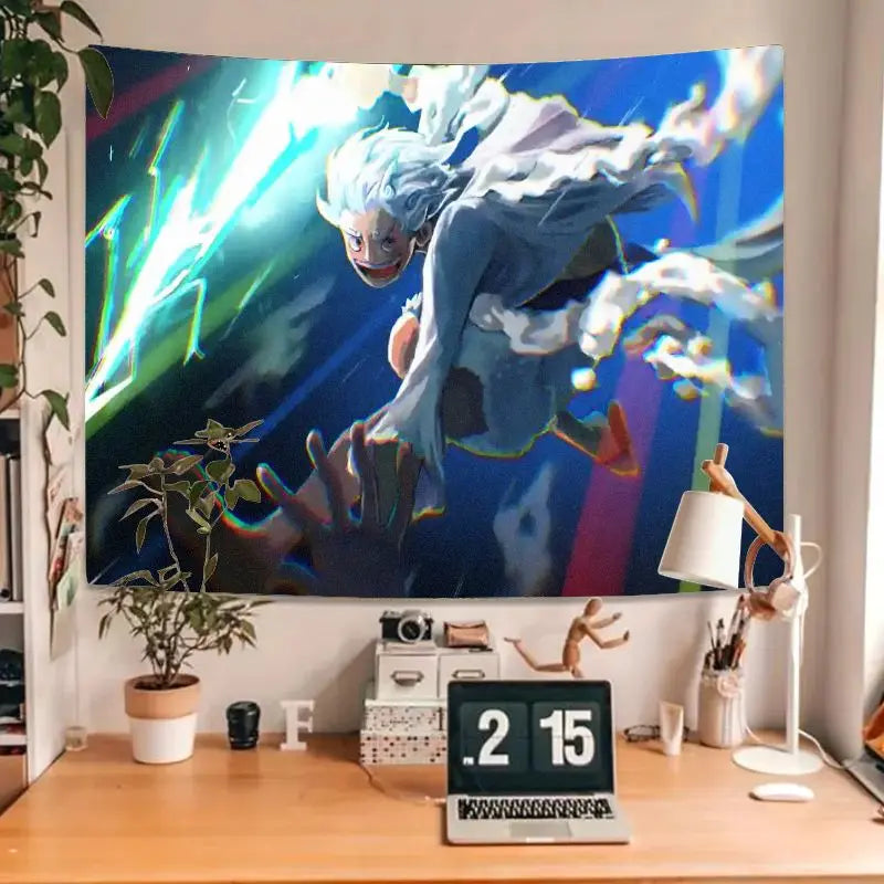 1PC Anime White Hair Blue Attire Dynamic Pose Tapestry, Glowing Lightning Energy Trail Wall Art, Blue Background for Bedroom Liv