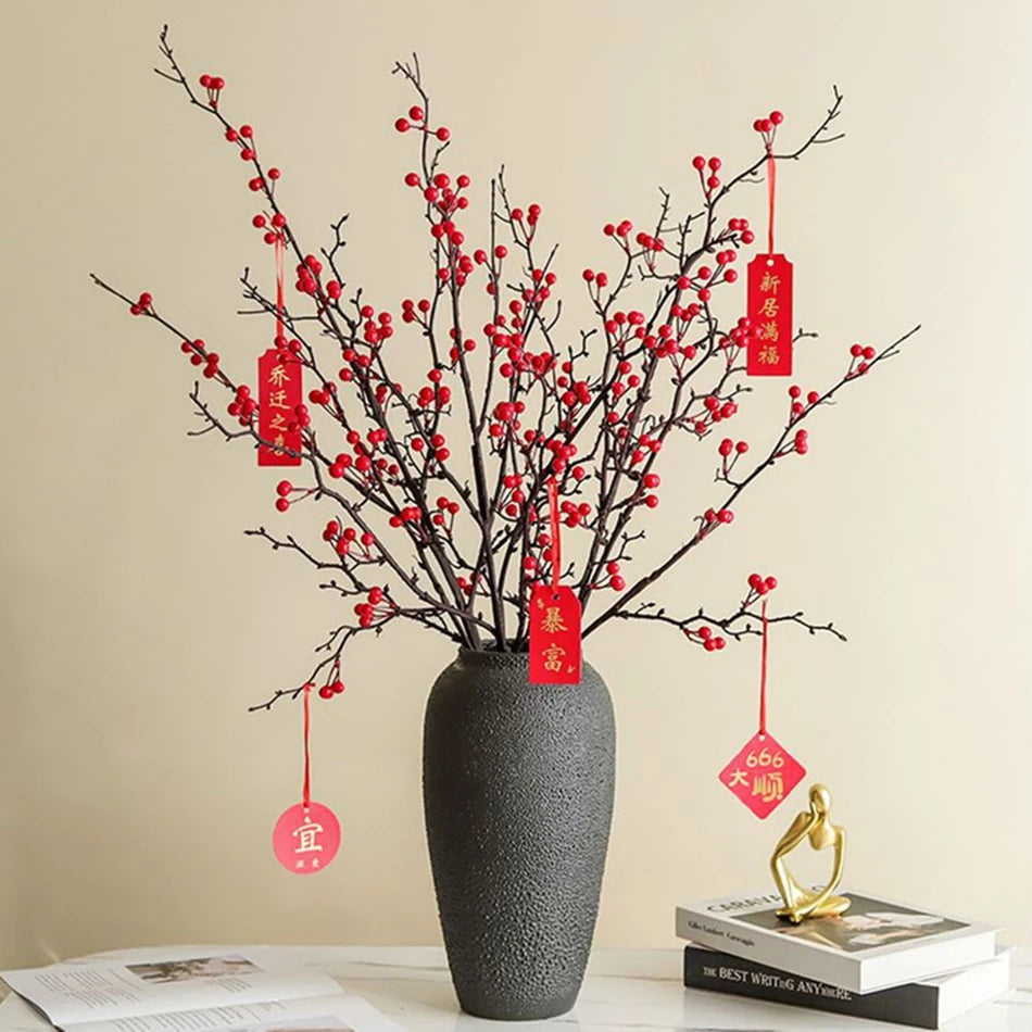 1pc Artificial plants Ilex Little Red Fruits NewYear Home Vase table Garden bonsai holiday Party Wall Wedding Decor DIY Gift Box