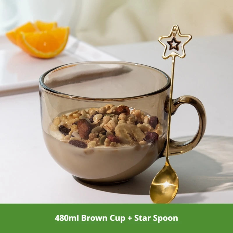 480ml Transparent Creative Glass Coffee Tea Mug Drinks Dessert Breakfast Milk Cup Glass Mugs Handle Drinkware With Cup Lid Spoon