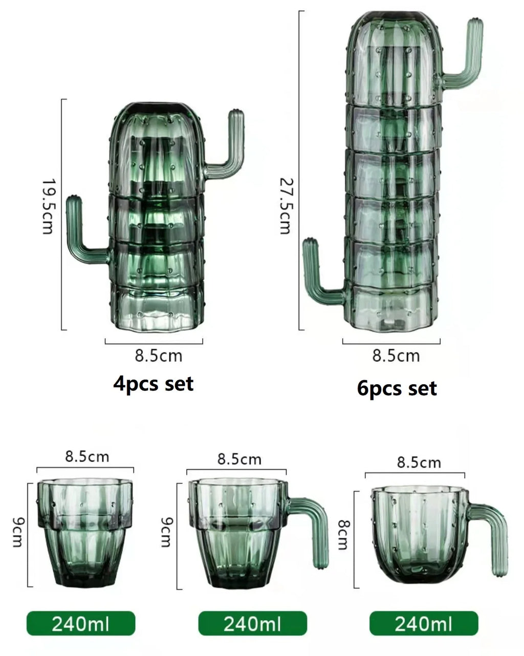 Creative Cactus Transparent Water Coffee Mug, Office, Home, Kitchen Accessories, Drinking Glasses, 240ml