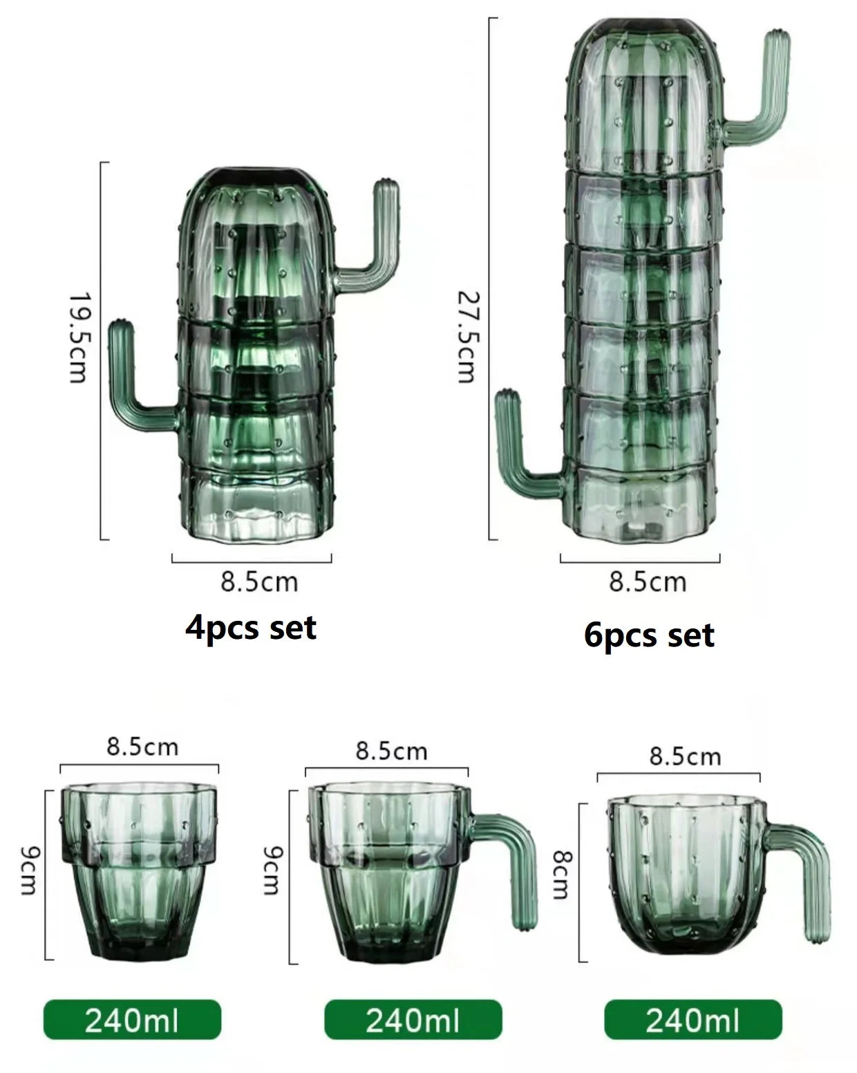 Creative Cactus Transparent Water Coffee Mug, Office, Home, Kitchen Accessories, Drinking Glasses, 240ml