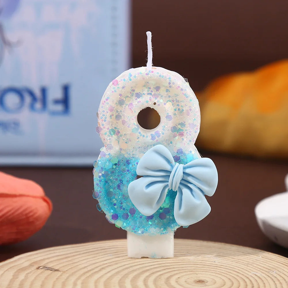 Blue and White Color Block Sequin Bow Digital Candle Birthday Party Cake Candle Creative Super Shiny Candle