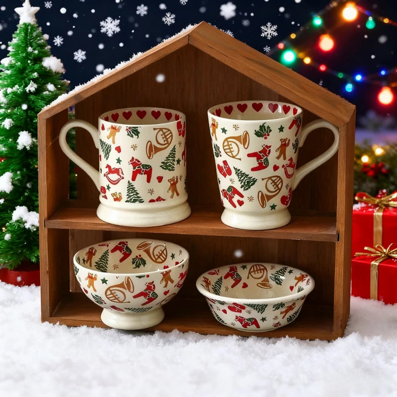 Christmas Ceramic Tableware Retro Bowls Plates Water Cup Breakfast Dessert Noodle Bowls Coffee Milk Cup Microwaveable Xmas Gift