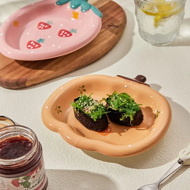 Cute Ceramic Fruit Dessert Plate, Cake  Ceramic Bowl , Snack Dim Sum Plate, Dinner Plate, Cartoon Strawberry Plate