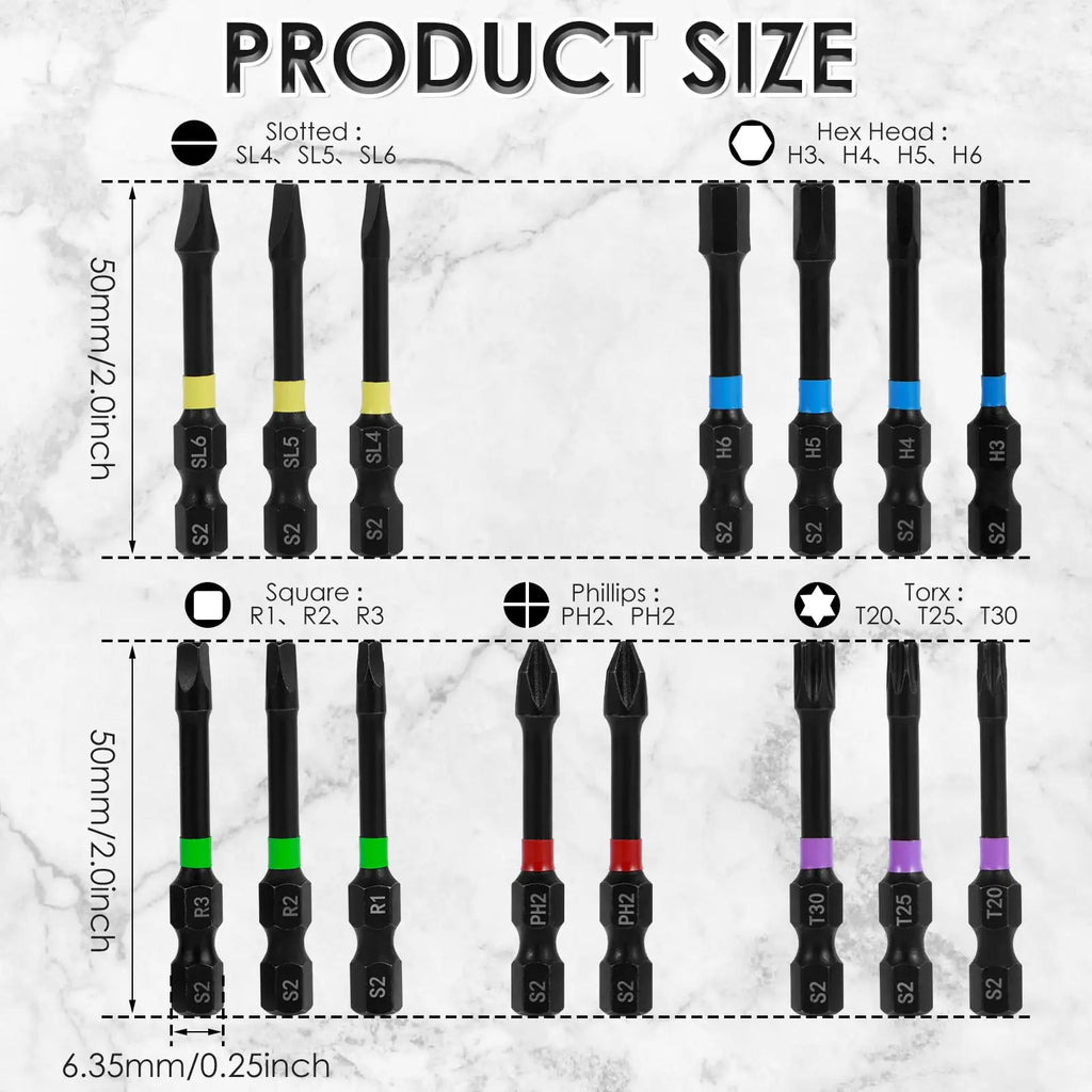 Rafford 15PCS Impact Ready Magnetic Screwdriver Bits Set - 2 Inch Anti-Slip for Impact/Cordless Drill | Torx/Hex/Phillips Head
