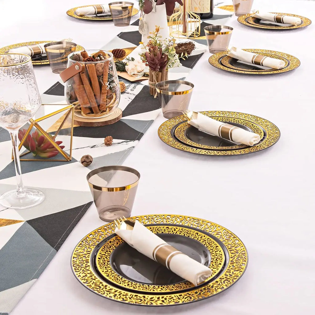 Black Plastic Plates with Gold Rim-Lace Design Party Plates Disposable Dinner Plates,Salad/Dessert Plates for Weddings &Parties