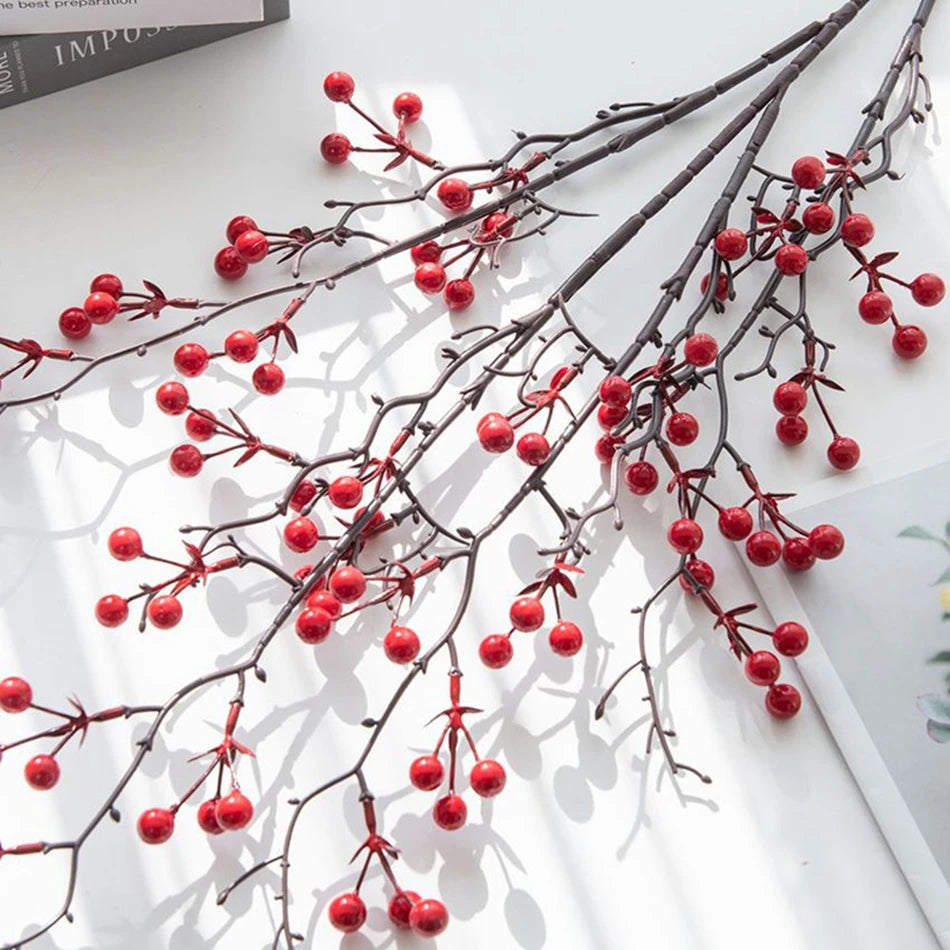 1pc Artificial plants Ilex Little Red Fruits NewYear Home Vase table Garden bonsai holiday Party Wall Wedding Decor DIY Gift Box