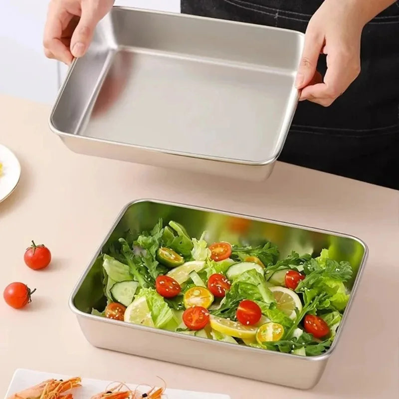 Thickened Square Plate Stainless Steel Rectangular Food Storage Pan With Lid Commercial Dish Tray Freshing Lunch Box Container