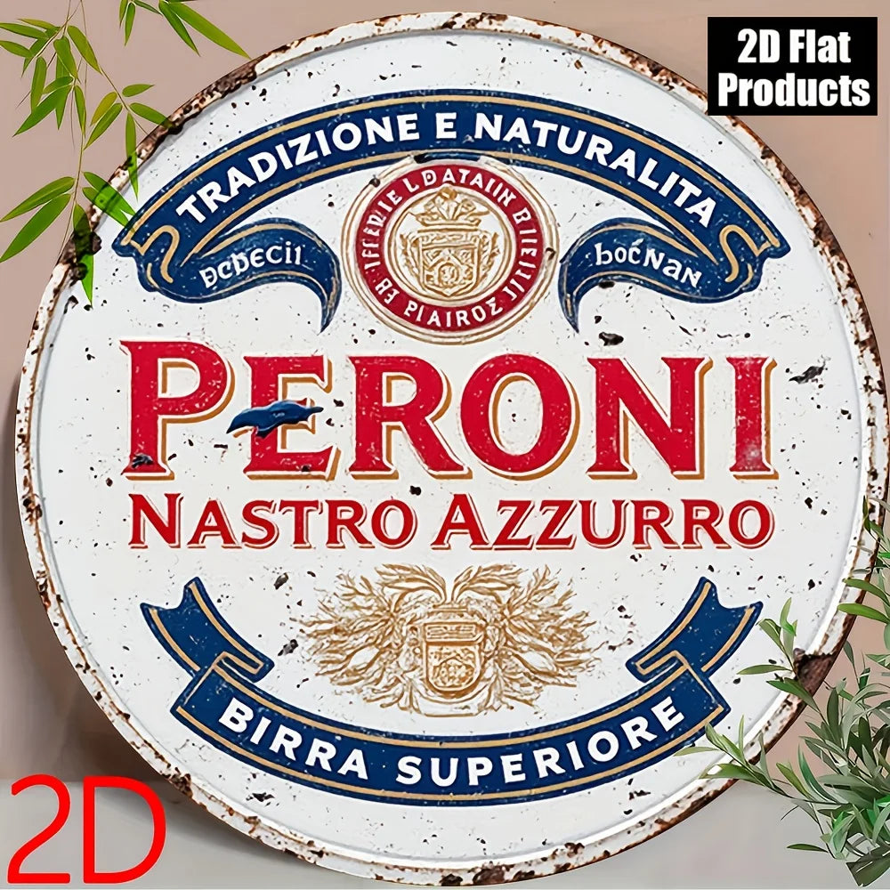 2D Flat, 8x8-Inch Round Aluminum Metal Wall Plaque, Framed - Modern Rustic Style "From Italy to the World" Beer Legend Retro Des