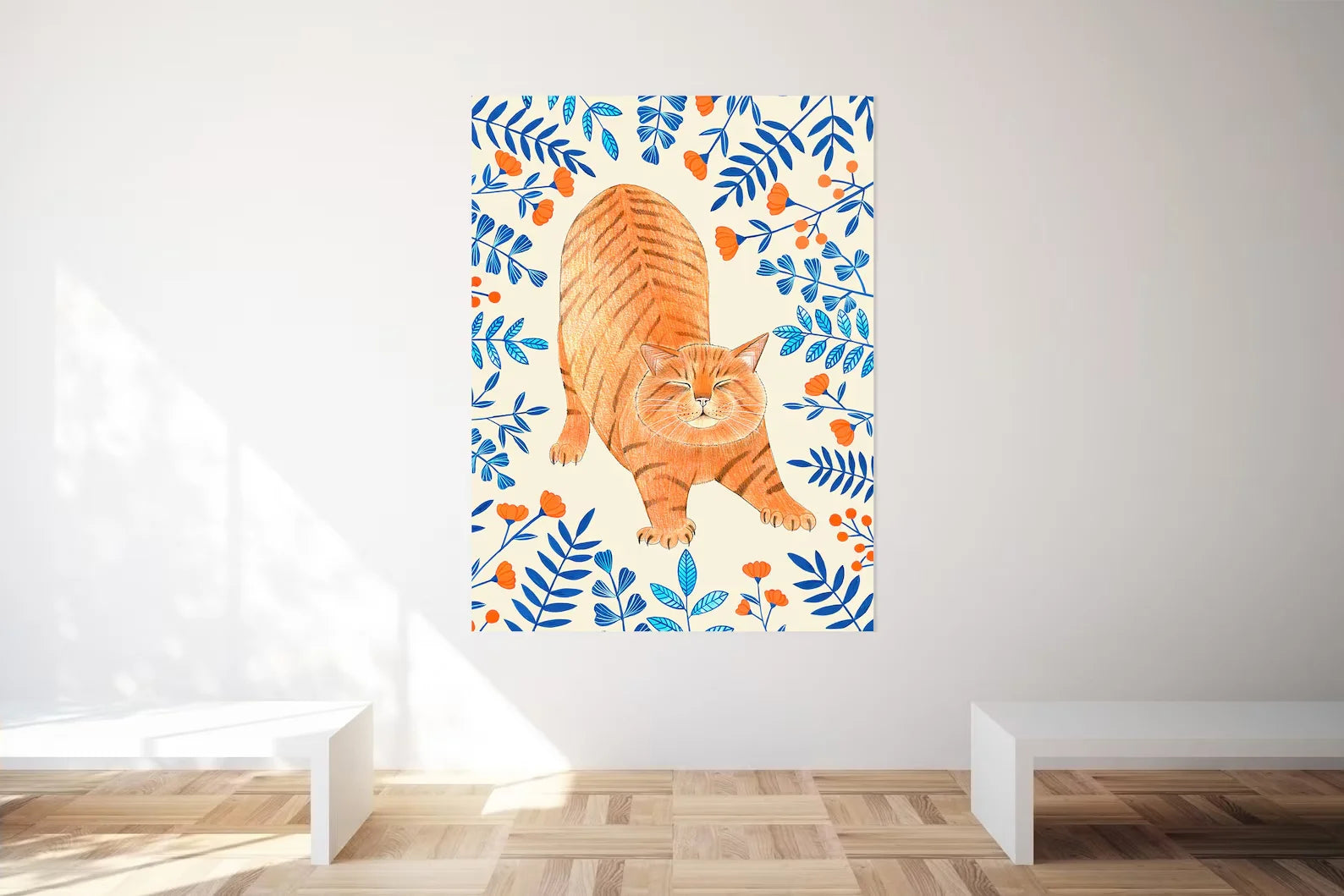 Ginger cat wall art, Floral art print, Orange cat painting, Kitten illustration, Animal artwork, Nursery prints, Flowers wall de