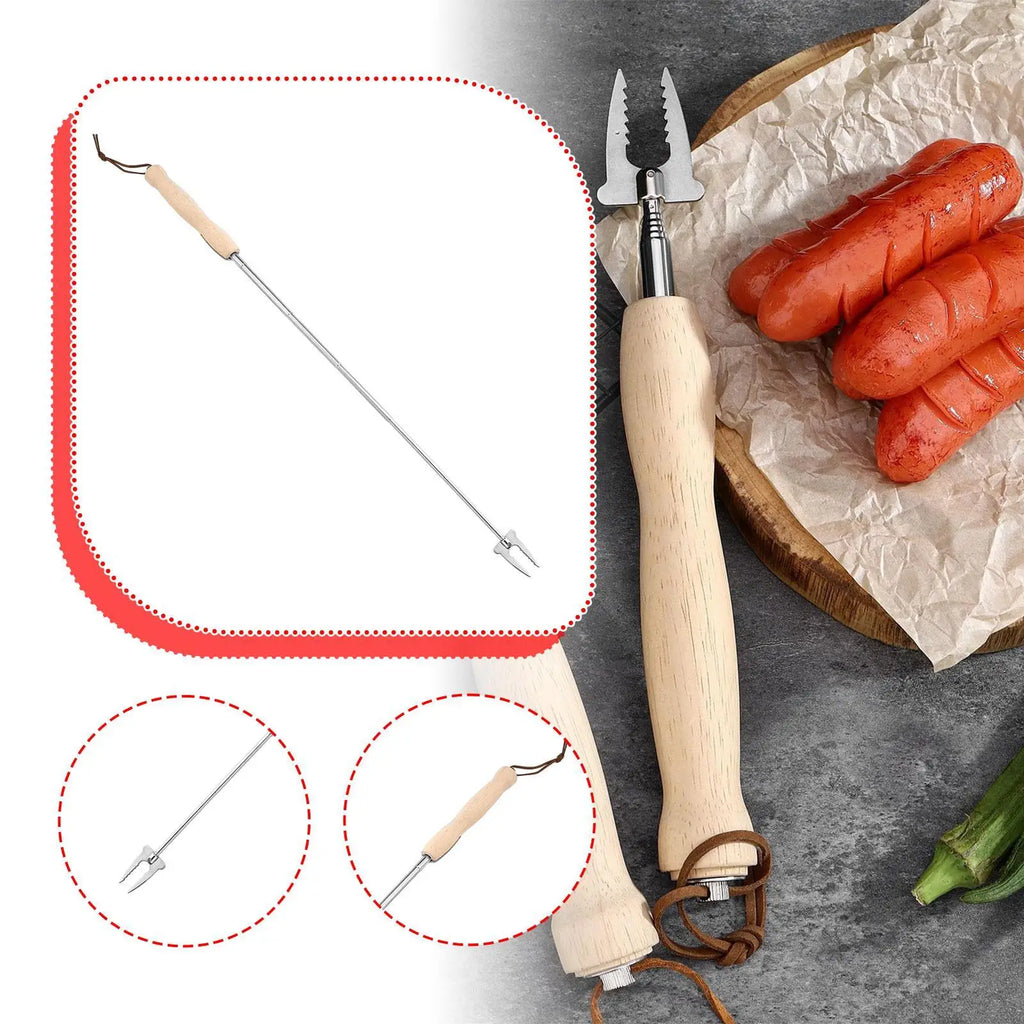 Hot Dog Roasting Fork BBQ Fork Extendable for Campfire for Fire Stainless Steel Wooden Handle 32 inch Skewer