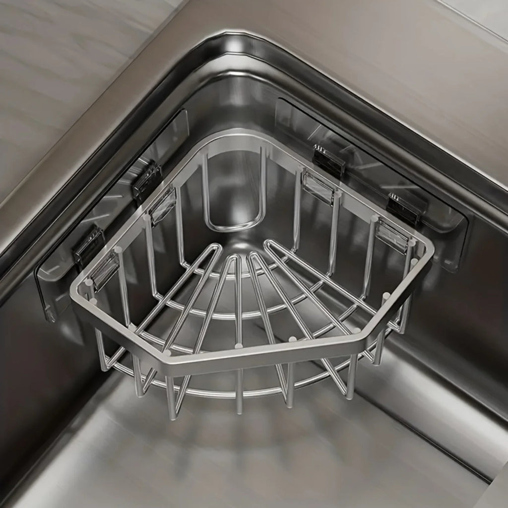 Stainless Steel Corner Sink Sponge Basket - Multifunctional Bathroom Shelf, No-Drill Caddy, 1 Piece