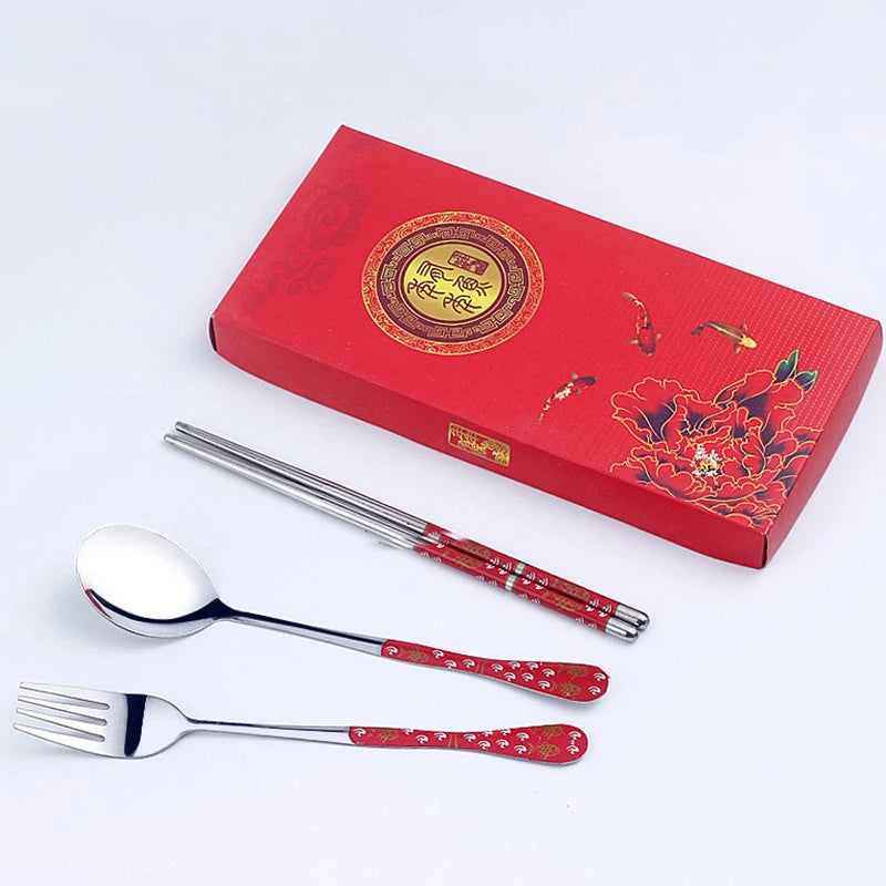3PC Set of Blue and White Porcelain Tableware Stainless Steel Chopsticks Spoon Fork Gift Box Portable Travel Tableware Set