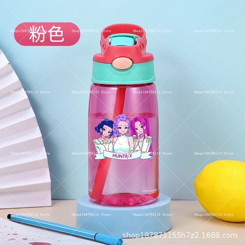 KPop Demon Hunters Drinking Glass Large Capacity Portable Plastic Mug Kids Cartoon Cute Sports Straw Drinking Cup Water Bottle