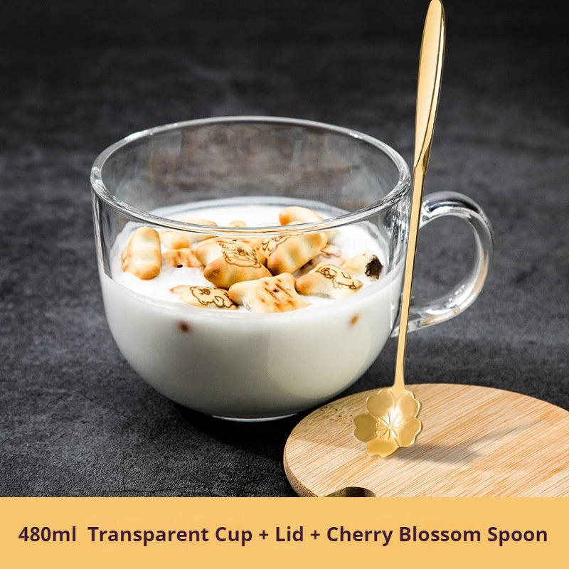 480ml Transparent Creative Glass Coffee Tea Mug Drinks Dessert Breakfast Milk Cup Glass Mugs Handle Drinkware With Cup Lid Spoon