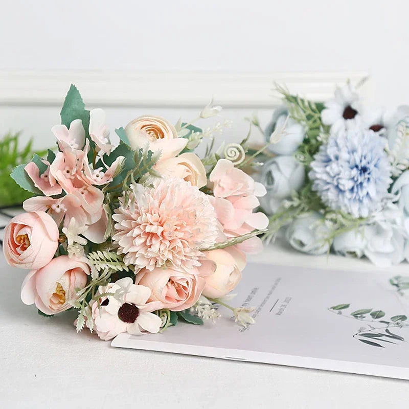 Artificial 1PC Flowers Wedding Home Bedroom Decoration Bridal Bouquet Garden Fake Silk Roses Hydrangeas Vase For Board Outdoors