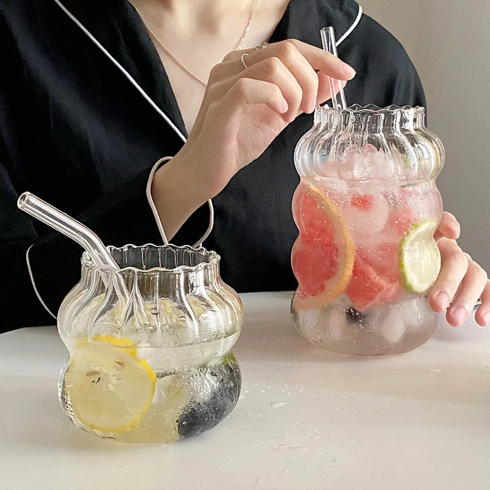 Coffee Cup Glass Cocktail Glasses Large Capacity Milk Drink Striped Juice Cup Heat-resistant Glass Cold Drink Cups 410ML 650ML