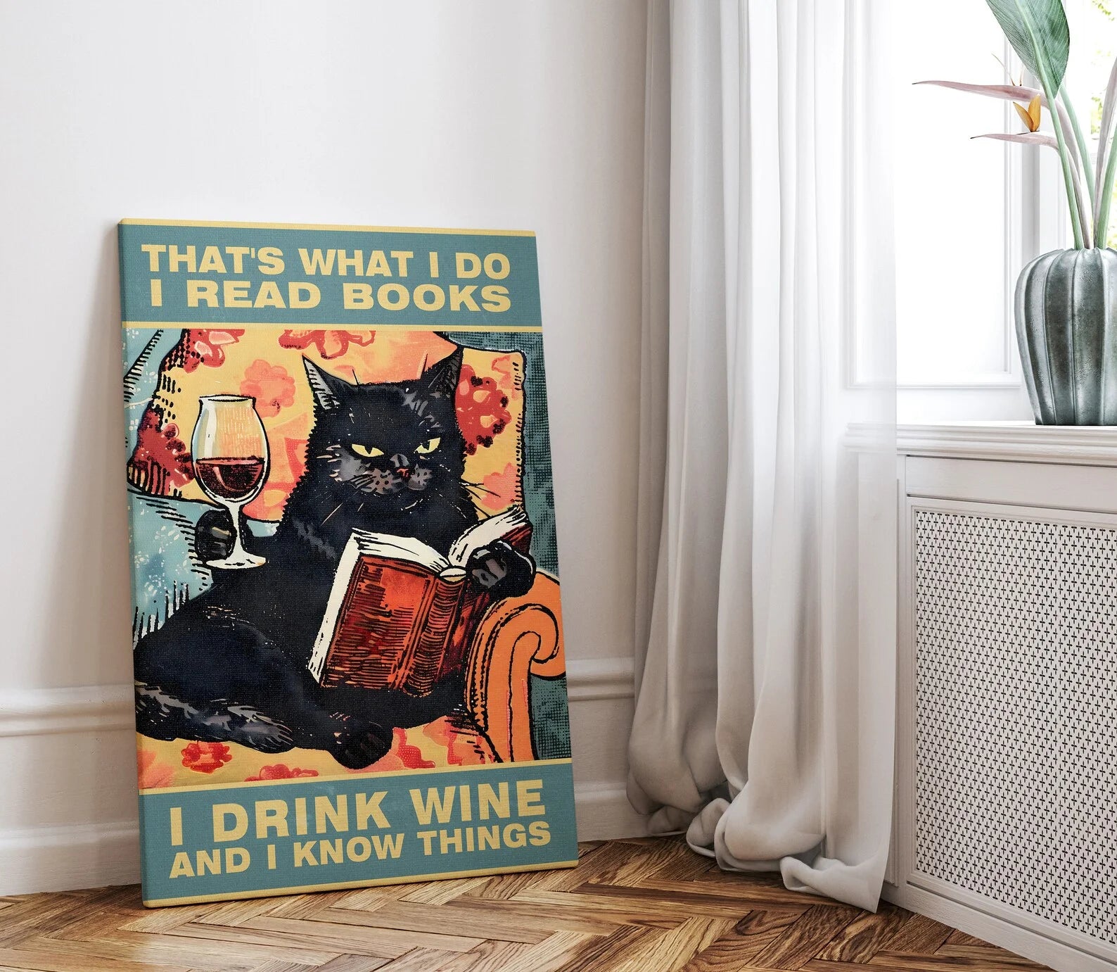 Black Cat Reading Book Drinking Wine Typography Poster or Canvas Print, Cat Wall Art, Quirky Black Cat Book Wine Lover Vintage A