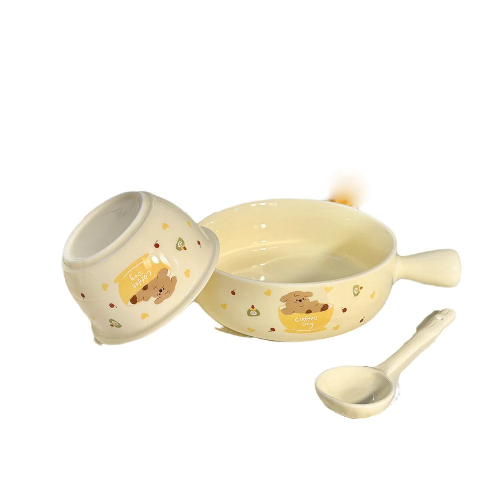 Printed Puppy Dog Pattern Ceramic Bowl Set Underglaze Color Tableware Sweet Style 3 Piece With Spoon For Daily Home Use Dining