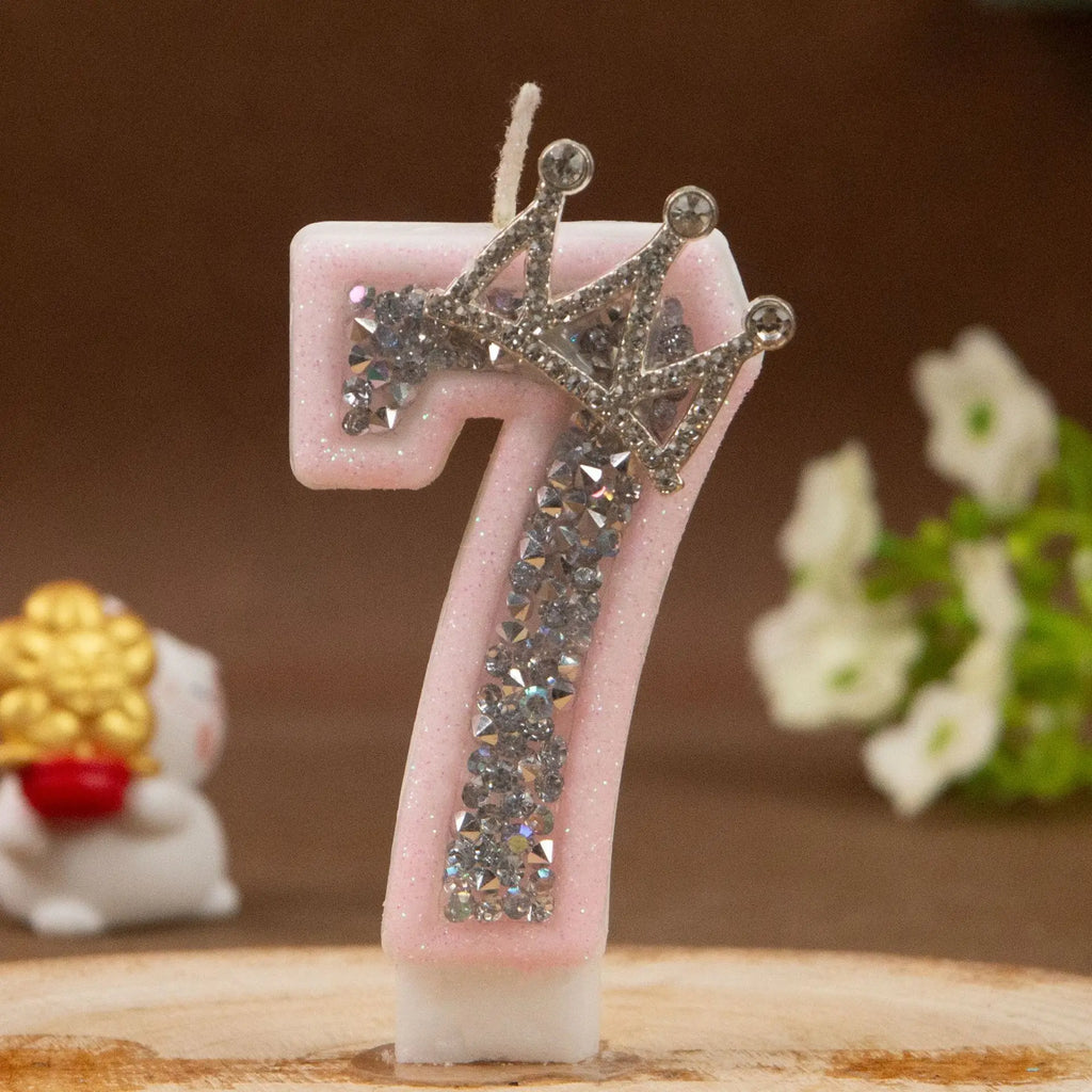 Digital Candles 0-9 Pink Silver Rhinestone Crown Creative Cake Decorative Birthday Candles