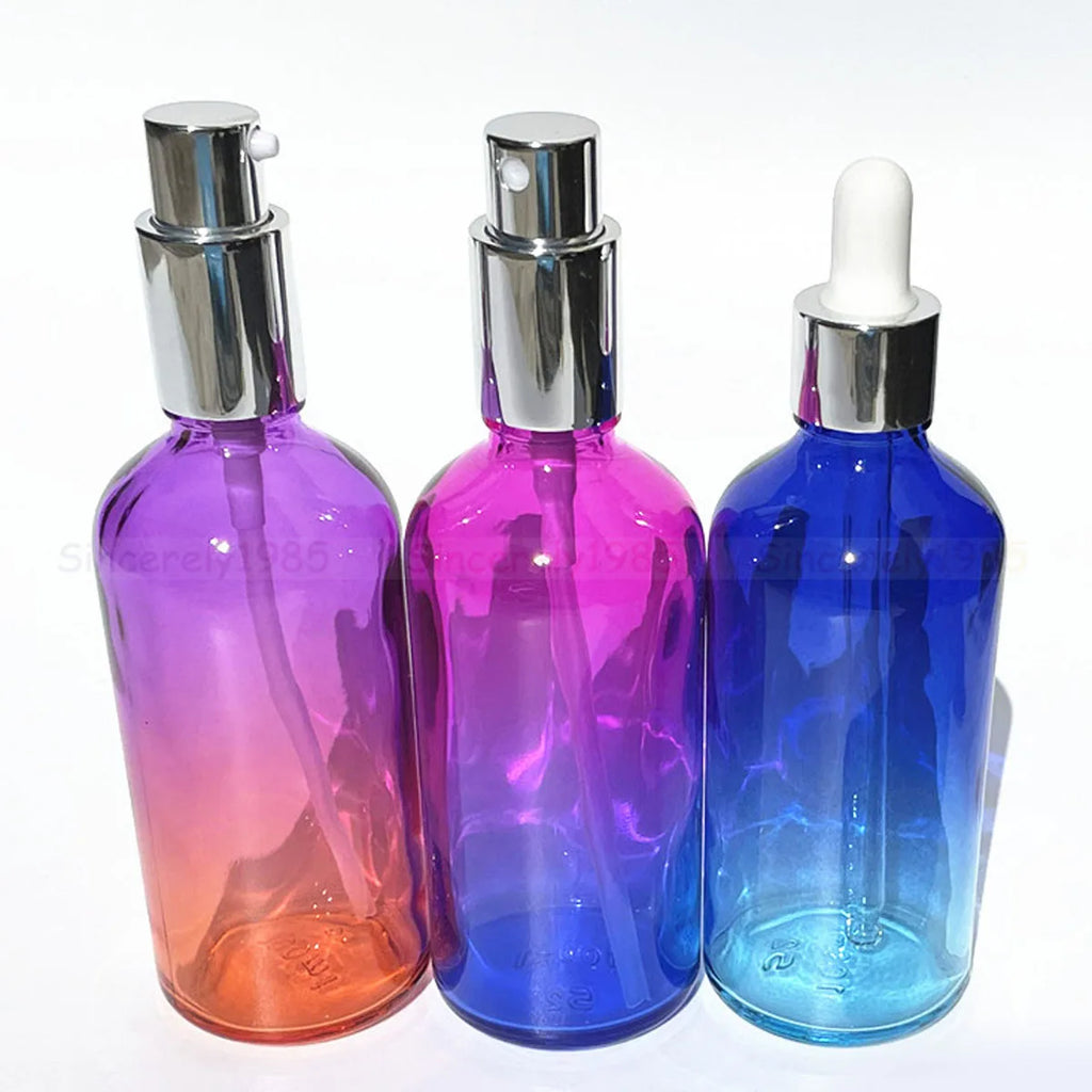 1X 3x 100ml Gradient Color glass bottle with Silver Perfume Sprayers, Essential Oil Glass Droppers, Serum Cream Pump