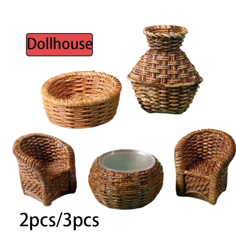 2Pcs/3Pcs Dollhouse Mini Furniture Model Simulation Fish Basket Basket Chair Table Shooting Scene Props